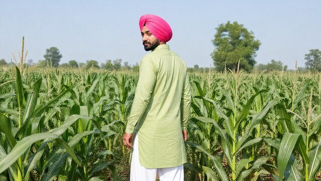 Young Sikh Farmer in Pink Turban Standing in Lush Green Cornfield