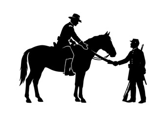Obraz premium Black silhouette of a civil war officer on horseback shaking hands with a soldier standing on the ground isolated on transparent background, Vector