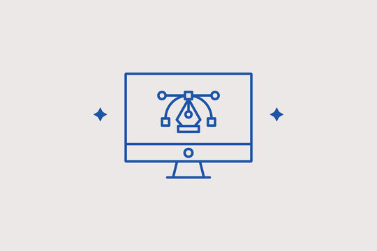 Computer monitor display showing graphic vector pen tool line icon for digital illustration workflow mapping, design software training. Useful vector illustration for creative agency platforms, apps.
