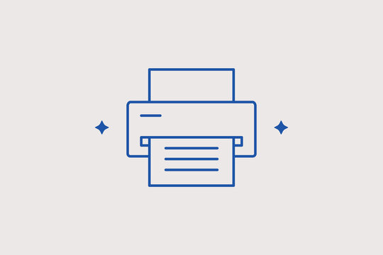 Office desktop printer machine with paper sheet line icon for corporate documentation workflows, office hardware cataloging. Effective vector illustration for administrative software panels, user apps