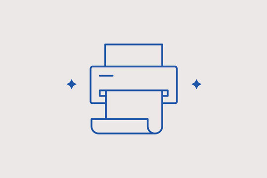 Compact office printer with paper output line icon for corporate document printing tracking, domestic hardware retail catalogs. Simple vector illustration for equipment setup guides, computer apps.