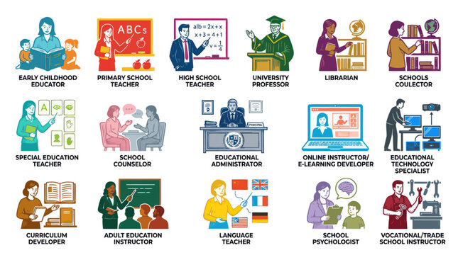 Flat Design Icons of Educators and School Staff in Vector Art