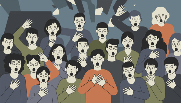 Large diverse group of people showing expressions of extreme surprise and shock while looking towards a bright light source.