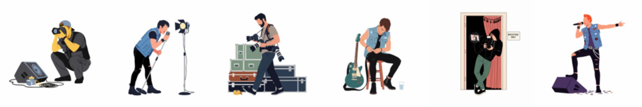 Collection of illustrations depicting rock musicians and professional photographers during a live concert, featuring stage performances, backstage access, and behind-the-scenes moments.