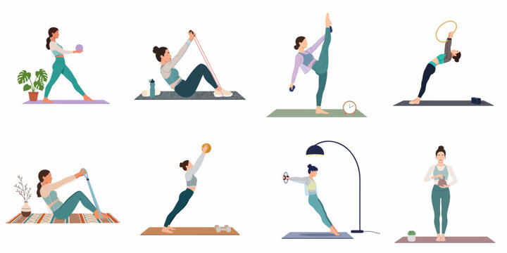 Collection of eight flat illustrations showing women performing various fitness, yoga, and pilates exercises with different equipment at home.