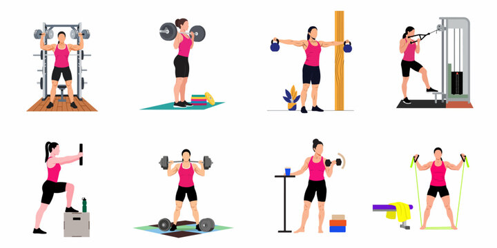 Collection of vector illustrations showing a fit woman performing various gym exercises including weightlifting, resistance training, and strength workouts.