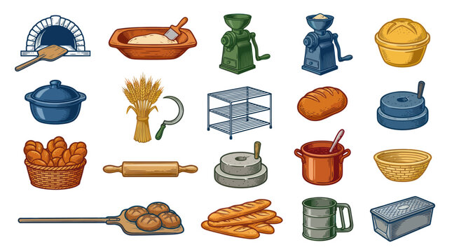 Baking Equipment Icons: Oven, Mill, Bread, Tools - Flat Design Food Industry