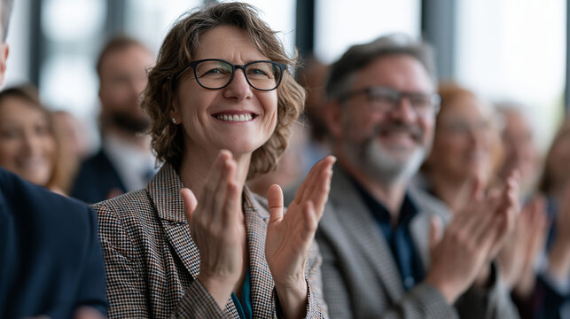 Audience Applause: A woman with glasses smiles and claps in a crowd at a presentation, reflecting appreciation and engagement with the speaker.