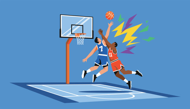 Intense basketball action on a blue court with two players jumping high for a shot near the hoop under the backboard.