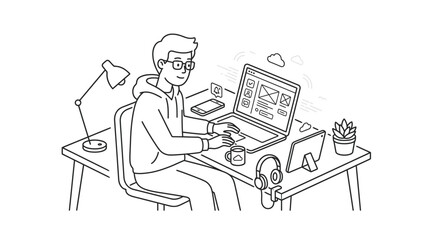 Fototapeta premium Line drawing of a man sitting at a desk working on a laptop with a lamp and plant nearby in a simple office setting.