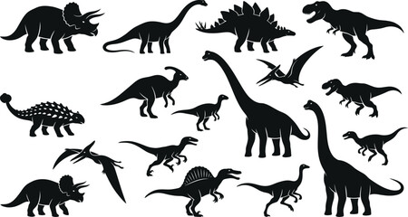 Set of black dinosaur silhouettes various prehistoric animals flat vector illustration isolated on white background graphic elements © VactorZone