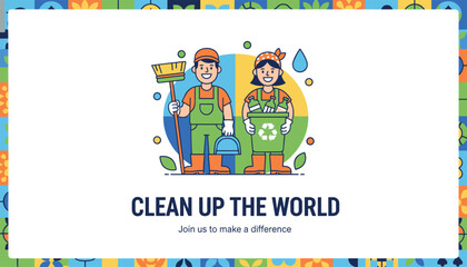 Fototapeta premium Clean up the world poster with male and female janitors holding cleaning tools in front of a symbolic colorful globe.