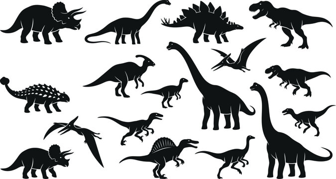 Set of black dinosaur silhouettes various prehistoric animals flat vector illustration isolated on white background graphic elements