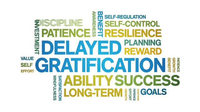 Delayed Gratification animated word cloud-text design animation tag kinetic typography seamless loop.