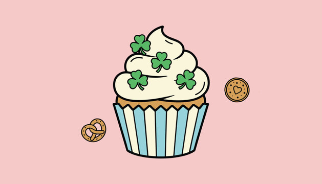 Saint Patrick Day themed cupcake decorated with green shamrocks accompanied by a pretzel and a heart shaped cookie on a pink background.