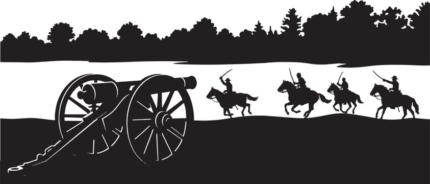 Silhouette illustration of a vintage military cannon and soldiers riding on horses across a field near a forest line during a historic battle scene isolated on transparent background, Vector