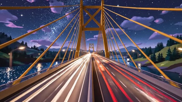 Cartoon suspension bridge highway with car traffic light trails at night vector illustration