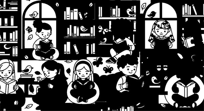 Whimsical Black and White Illustration of Avid Young Readers.