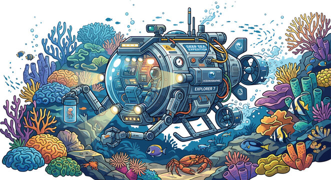 Cartoon submarine exploring underwater deep sea coral reef with tropical fish and marine life vector illustration.