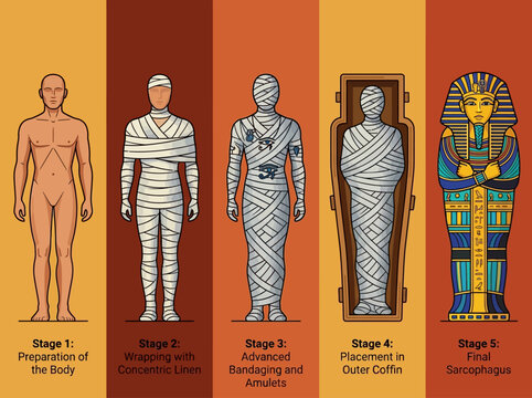 Ancient Egyptian Mummification Process Infographic - 5 Stages of Embalming, Wrapping, and Burial in Sarcophagus