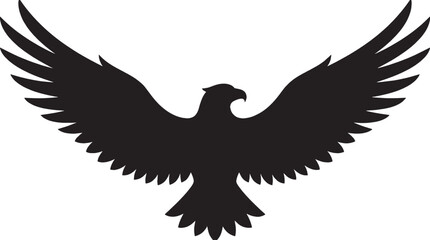 Fototapeta premium Black silhouette of a flying eagle with spread wings showing power and freedom isolated on transparent background, Vector