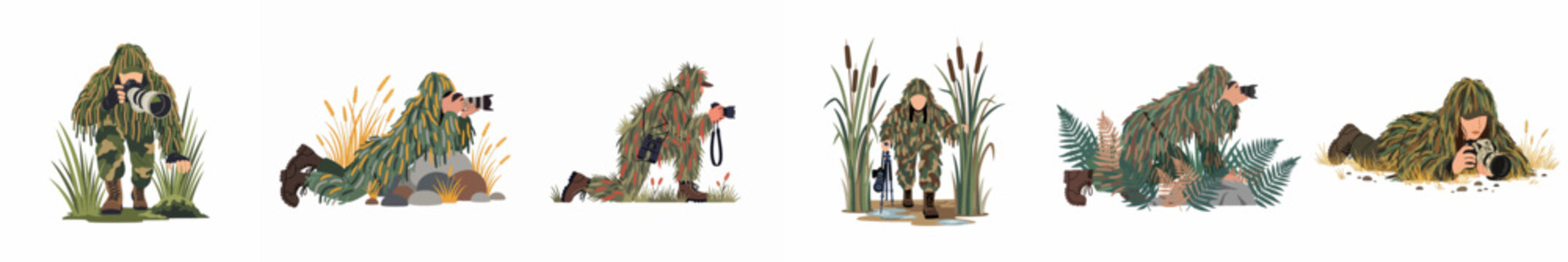 Flat Illustration Set of Photographers Wearing Ghillie Suits and Camouflage Clothing for Wildlife and Nature Photography in Various Outdoor Environments.
