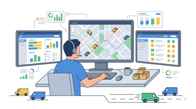 Logistics dispatcher managing delivery fleet and supply chain operations using real-time tracking software on multiple monitors