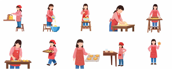 Little girl baking cookies set, child chef cooking step by step illustrations, kid making homemade biscuits in the kitchen, flat vector design isolated on white background.