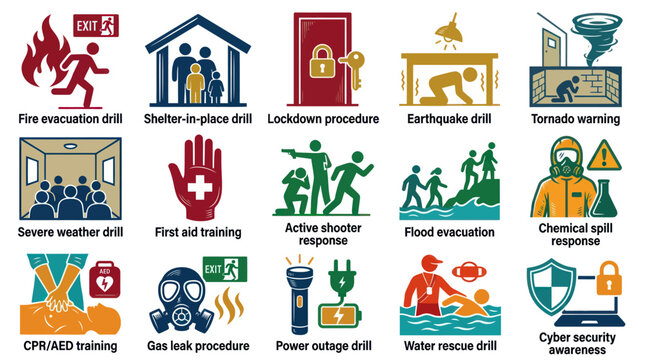 Safety and Emergency Response Icons: Drills, Training, Procedures, and Awareness
