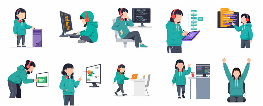 Set of flat vector illustrations of a young girl character learning computer programming, coding, and software development for STEM education