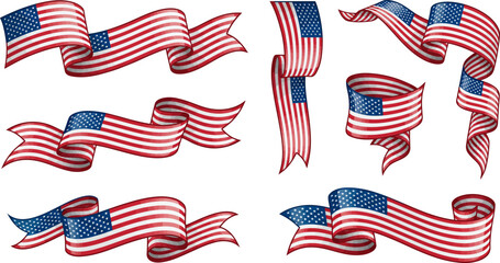 Obraz na płótnie Canvas American flag ribbon banner set. USA waving national flag scroll collection design with stars and stripes for 250 years 1776 to 2026 patriotic celebration header.