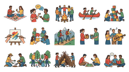 Naklejka premium Diverse Lifestyle Activities, Friendship, Community Hand-drawn Outlined Cartoon Illustrations Set