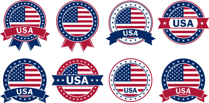 USA seal and rosette badge set. American patriotic flag emblem collection design with ribbon, stars, and stripes for 250 years 1776 to 2026 anniversary label.