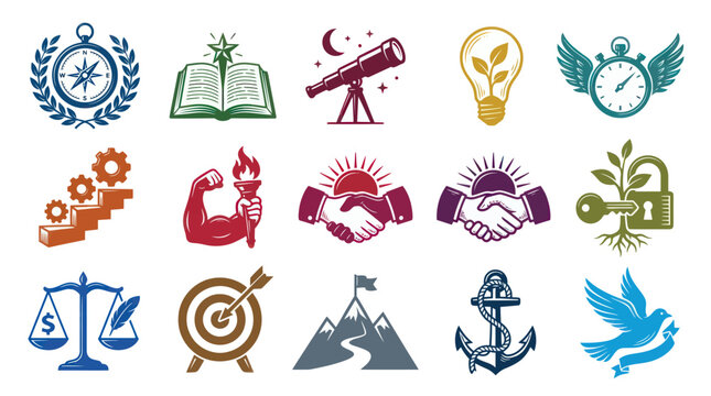 Business Growth Icons: Compass, Book, Telescope, Bulb, Clock, Handshake, Anchor