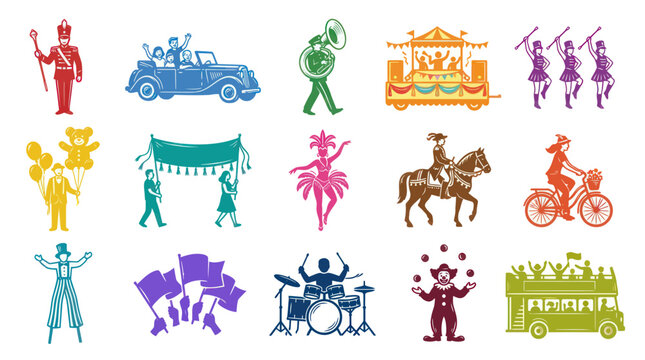 Parade Icons: Marching Band, Car, Circus Float, Dancers, Horse Rider, Cyclist, Flags, Drummer, Juggler, Bus