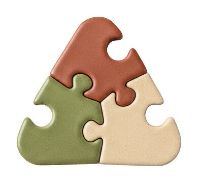 Three matte ceramic puzzle pieces in earth tones interlocking together isolated transparent background image