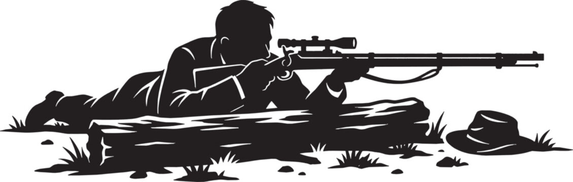 Black silhouette of a soldier lying down aiming a rifle with a scope in the field isolated on transparent background, Vector