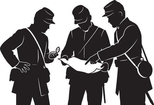 Silhouette of three american civil war soldiers looking at a map and compass to plan a military strategy together isolated on transparent background, Vector