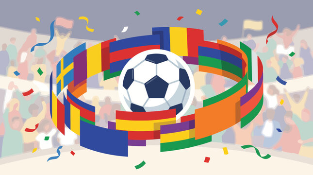 International Soccer Championship Concept with World Flags and Football Ball in Stadium
