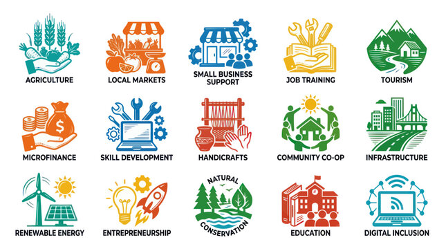 Business Icons Set: Agriculture, Finance, Education, Tourism, Technology