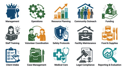 Naklejka premium Business Operations Icons: Management, Funding, Safety, Healthcare, Legal More Flat Icons