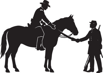 Obraz premium Black silhouette of a civil war officer on horseback shaking hands with a soldier standing on the ground isolated on transparent background, Vector