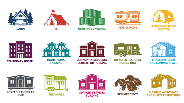 Housing Solutions Icons: Shelter Types, Temporary Housing, Refugee Homes
