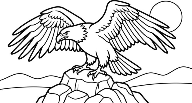Eagle perched on a rocky outcrop under the sun. Black silhouettes of various owls and eagles in different poses, flying and perched bird