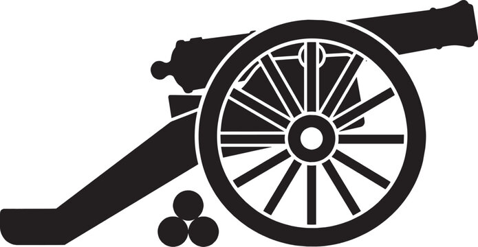 Black silhouette icon of a vintage military cannon with iron balls isolated on transparent background, Vector