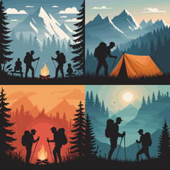 Naklejka premium Four illustrations of people hiking and camping in mountains