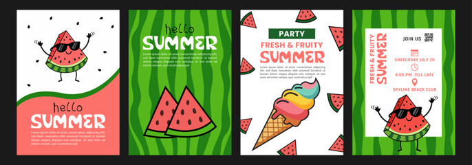 Set of four colorful summer party invitation templates with cute watermelon characters and ice cream illustrations for seasonal tropical holiday events and fun vacation promotions © Lepe PNG