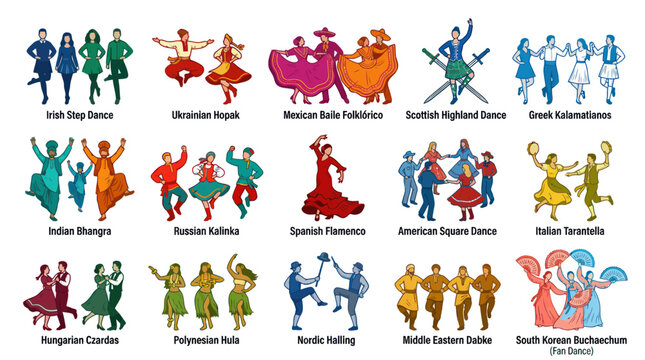 World Traditional Folk Dances Colorful Vector Illustration Set - Global Cultural Performance Collection