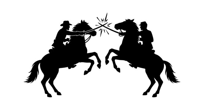 Black silhouette of two soldiers on horses fighting with swords in a duel isolated on transparent background, Vector