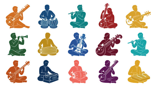 Indian Musicians Playing Traditional Instruments - Colorful Vector Art